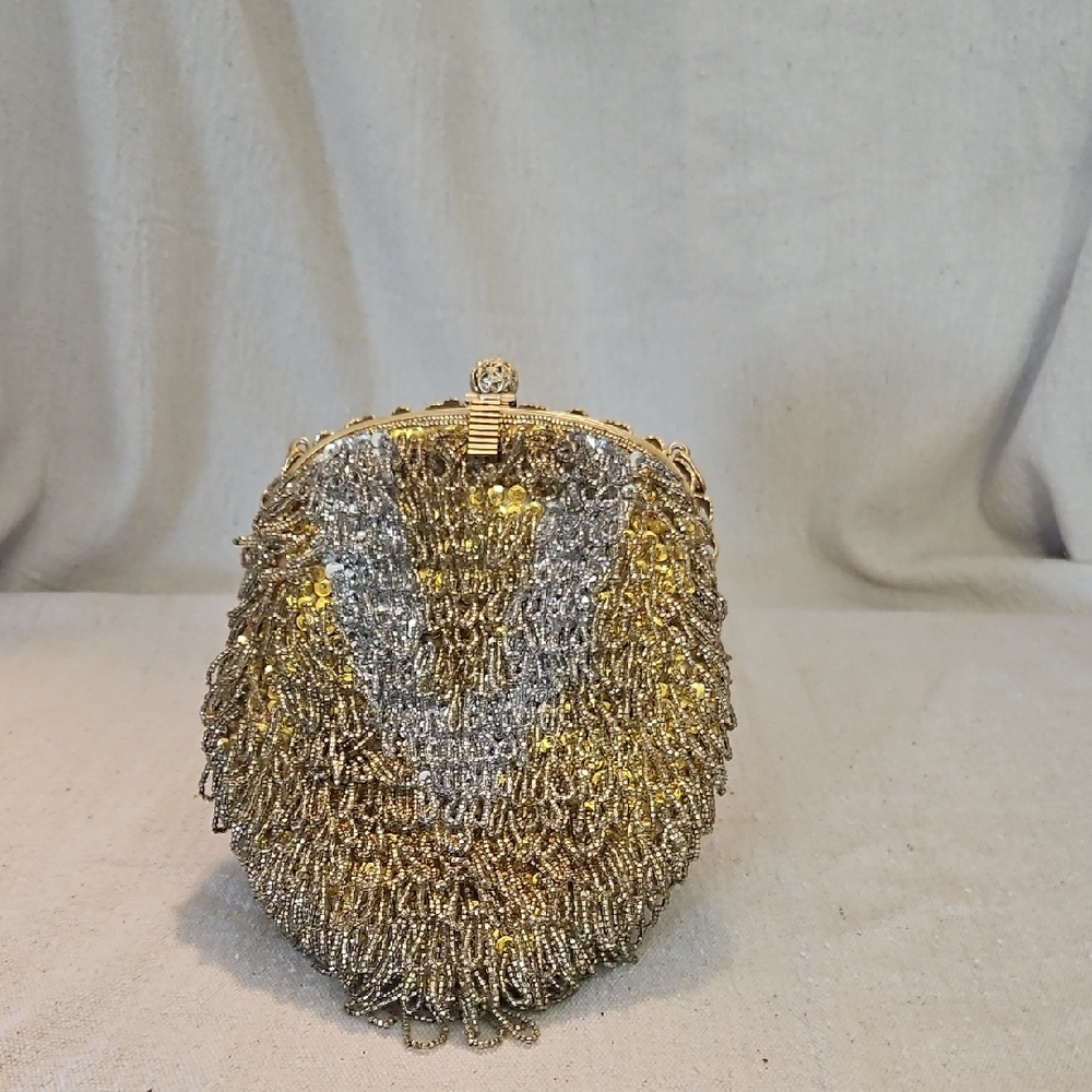 Elegant Gold and Silver Beaded Clutch